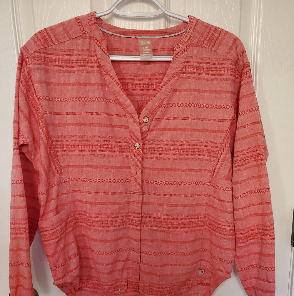 Mountain Hardwear Orange Striped Button-Up Blouse Cotton Linen